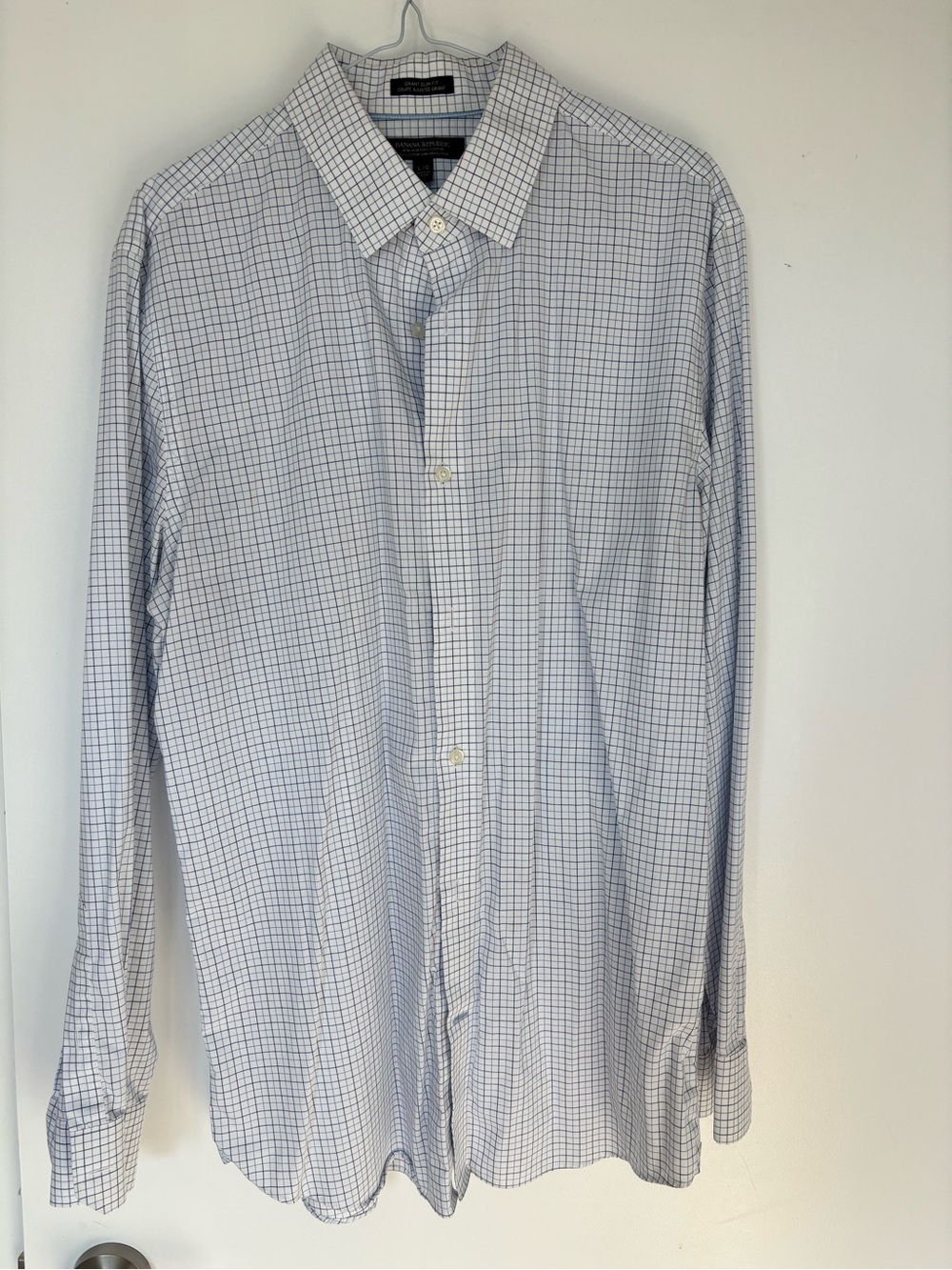 Banana Republic Men’s L Grant Fit Dress Shirt Navy Gingham Non-Iron Stretch